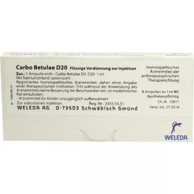 CARBO BETULAE D 20 ampoules, 8X1 ml