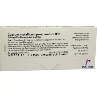CUPRUM METALLICUM praep.D 30 ampoules, 8X1 ml