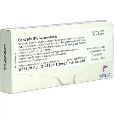 GENCYDO Solution injectable à 3%, 8 pc