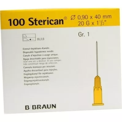 STERICAN Canules Luer-Lok 0,90x40 mm taille 1 jaune, 100 pièces