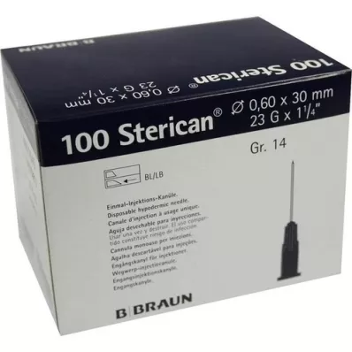 STERICAN Canules Luer-Lok 0,60x30 mm taille 14 bleues, 100 pièces