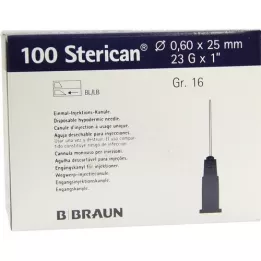 STERICAN Canules Luer-Lok 0,60x25 mm taille 16 bleues, 100 pièces