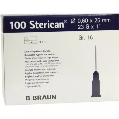 STERICAN Canules Luer-Lok 0,60x25 mm taille 16 bleues, 100 pièces