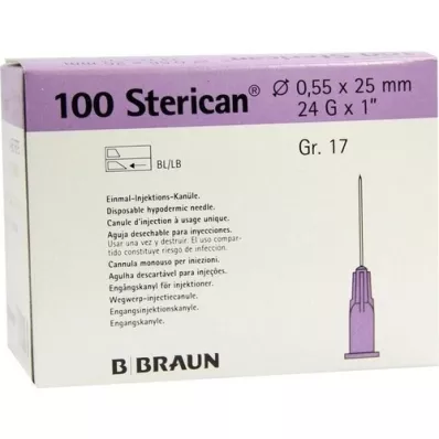 STERICAN Canules Luer-Lok 0,55x25 mm taille 17 violet, 100 pièces
