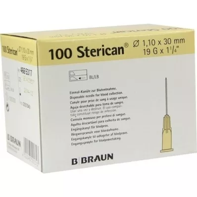 STERICAN Canules 19 Gx1 1/4 1,1x30 mm, 100 pièces