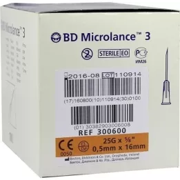 BD MICROLANCE Aiguille 25 G 5/8 0,5x16 mm, 100 pces