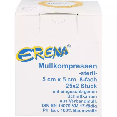 ERENA Compresse de gaze 5x5 cm stérile 8 plis, 25X2 pces