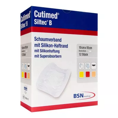 Pansement en mousse Cutimed Siltec B 10x10 cm avec bord adhésif, 12 pièces
