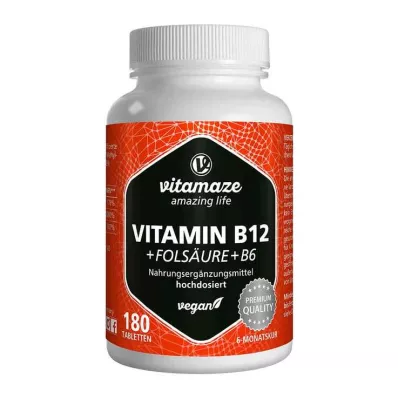 VITAMIN B12 1000 µg haute dose + B9+B6 comprimés végétaliens, 180 pc