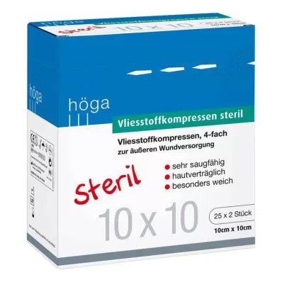 Compresses non tissées 10x10 cm stériles 4 fois, 25x2 pièces