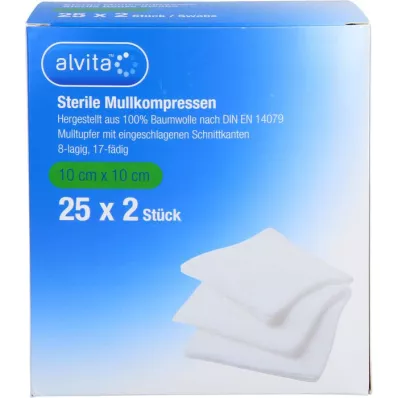 ALVITA Compresses de gaze stériles 10x10 cm, 25X2 pces