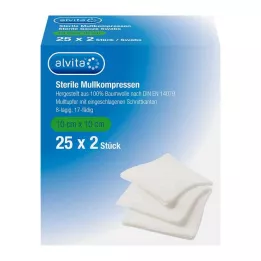 ALVITA Compresses de gaze stériles 10x10 cm, 25X2 pces
