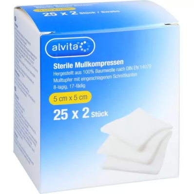 ALVITA Compresses de gaze stériles 5x5 cm, 25X2 pces