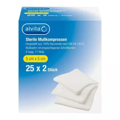 ALVITA Compresses de gaze stériles 5x5 cm, 25X2 pces