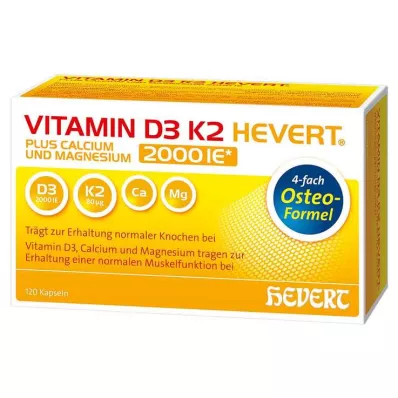 VITAMIN D3 K2 Hevert plus Ca Mg 2000 IE/2 gélules, 120 pc